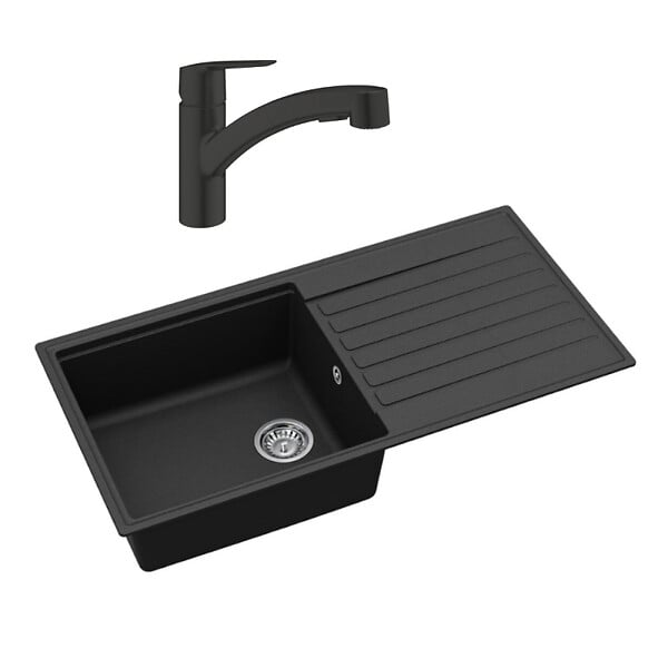 SWISS AQUA TECHNOLOGIES - Swiss Aqua Technologies 100x50 cm évier avec égouttoir réversible en granite à encastrer + mitigeur monocommande avec douchette 2 jets, noir mat - large
