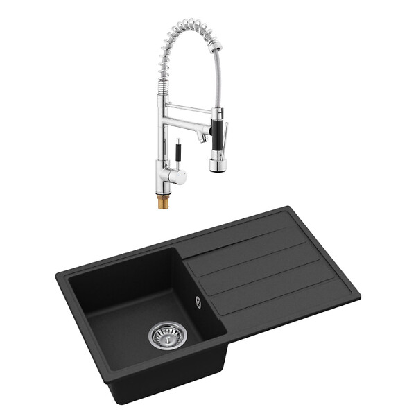 SWISS AQUA TECHNOLOGIES - Swiss Aqua Technologies 76x44 cm évier avec égouttoir réversible en granite à encastrer + mitigeur à bras pivotant, 2 jets, noir mat (SATSINKGE3B-SET2) - large