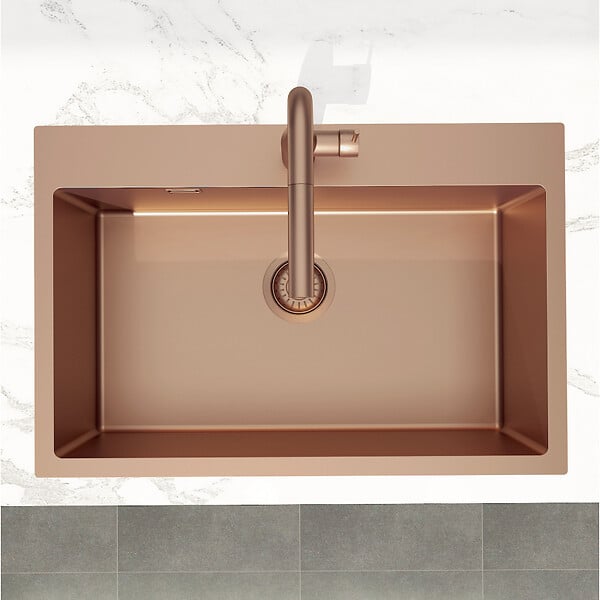 SWISS AQUA TECHNOLOGIES - Swiss Aqua Technologies Aurum Évier de cuisine encastrable inox 304, 1 bac, 68x45x21 cm, Cuivre brossé PVD - large