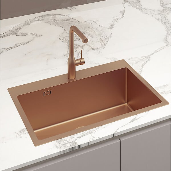 SWISS AQUA TECHNOLOGIES - Swiss Aqua Technologies Aurum Évier de cuisine encastrable inox 304, 1 bac, 68x45x21 cm, Cuivre brossé PVD - large