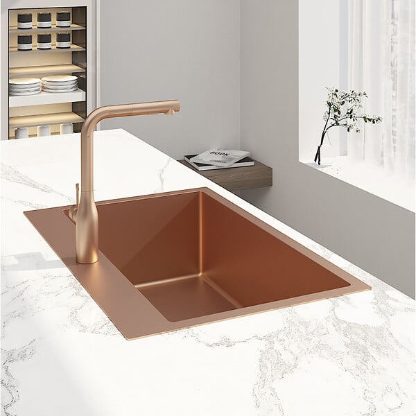 SWISS AQUA TECHNOLOGIES - Swiss Aqua Technologies Aurum Évier de cuisine encastrable inox 304, 1 bac, 68x45x21 cm, Cuivre brossé PVD - large