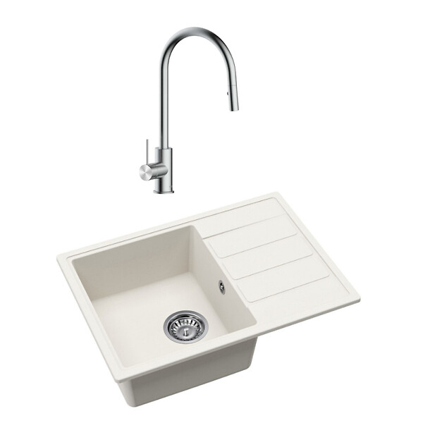 SWISS AQUA TECHNOLOGIES - Swiss Aqua Technologies 62x44 cm évier avec égouttoir réversible en granite à encastrer + mitigeur avec douchette 2 jets, blanc (SATSINKGE2W-SET1) - large
