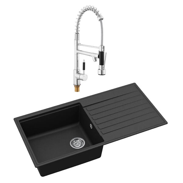 SWISS AQUA TECHNOLOGIES - Swiss Aqua Technologies 100x50 cm évier avec égouttoir réversible en granite à encastrer + mitigeur bras pivotant 2 jets, noir mat (SATSINKGQK103B-S2) - large