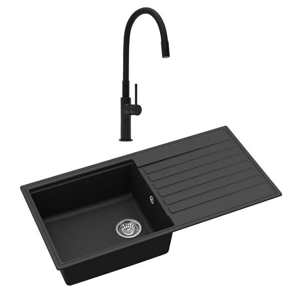 SWISS AQUA TECHNOLOGIES - Swiss Aqua Technologies 100x50 cm évier avec égouttoir réversible en granite à encastrer + mitigeur aérateur Neoperl®, noir mat (SATSINKGQK103B-S1) - large