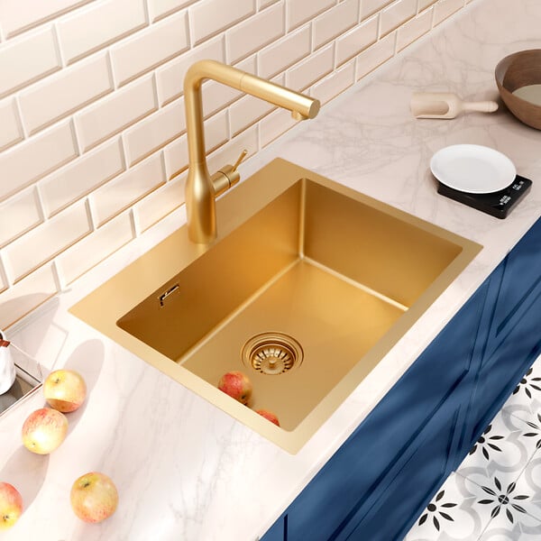 CERAMIA - Ceramia Timeless Évier de cuisine encastrable inox 304, 1 bac , 55x45x21 cm, Or brossé PVD - large
