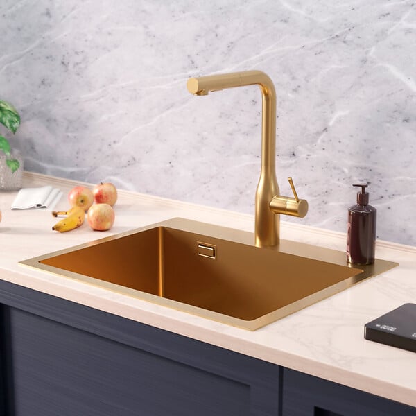 CERAMIA - Ceramia Timeless Évier de cuisine encastrable inox 304, 1 bac , 55x45x21 cm, Or brossé PVD - large