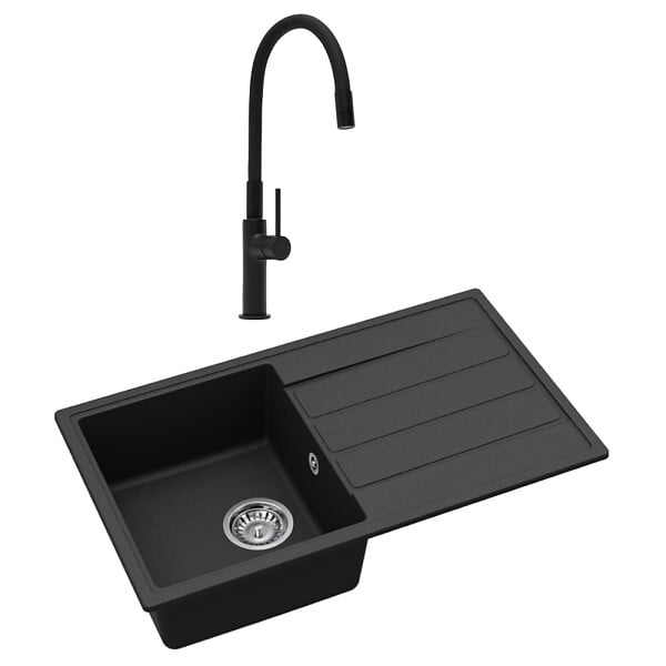 SWISS AQUA TECHNOLOGIES - Swiss Aqua Technologies 76x44 cm évier avec égouttoir réversible en granite à encastrer + mitigeur aérateur Neoperl®, noir mat (SATSINKGE3B-SET1) - large