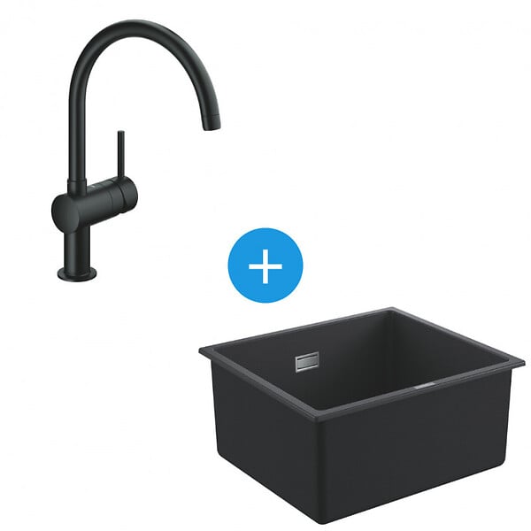 GROHE - Grohe Kit Evier Quartz Noir Granite K700 417 x 366mm + Mitigeur Minta Noir col de cygne pivotant à 360° (31653AP0-SET6) - large