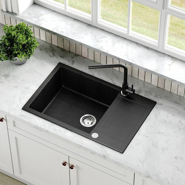 SWISS AQUA TECHNOLOGIES - Swiss Aqua Technologies 78x50 cm évier avec égouttoir réversible en Granite, à encastrer, noir (SATSINKGQT105B) - large