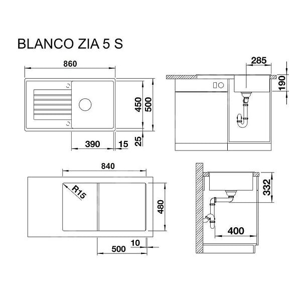 BLANCO - Blanco ZIA 5 S - évier en composite de granit SILGRANIT PuraDur avec égouttoir, couleur anthracite - large