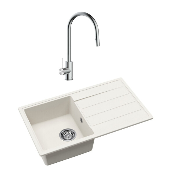 SWISS AQUA TECHNOLOGIES - Swiss Aqua Technologies 76x44 cm évier avec égouttoir réversible en granite à en castrer + mitigeur avec douchette 2 jets, blanc (SATSINKGE3W-SET1) - large