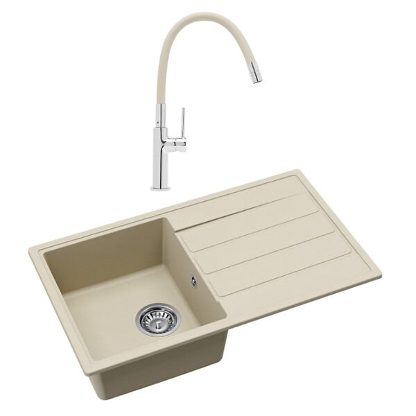 SWISS AQUA TECHNOLOGIES - Swiss Aqua Technologies 76x44 cm évier avec égouttoir réversible en granite à encastrer + mitigeur aérateur Neoperl®, jasmin (SATSINKGE3J-SET1) - large