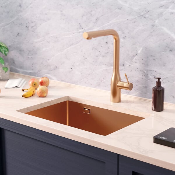 CERAMIA - Ceramia Timeless Évier de cuisine sous plan inox 304, 1 bac, 55x45x21 cm, Cuivre brossé PVD - large