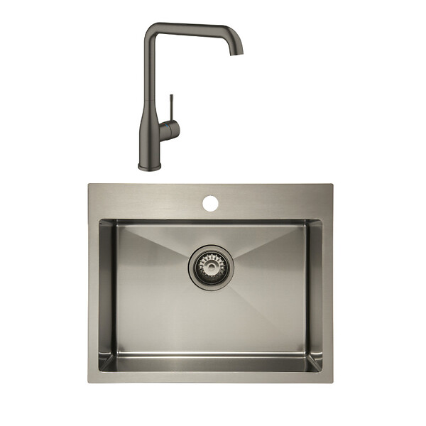 SWISS AQUA TECHNOLOGIES - Swiss Aqua Technologies /Grohe-Set Aurum Évier de cuisine encastrable inox 304,55x45x21cm + Essence Mitigeur monocommande Evier,Gun Metal brossé - large