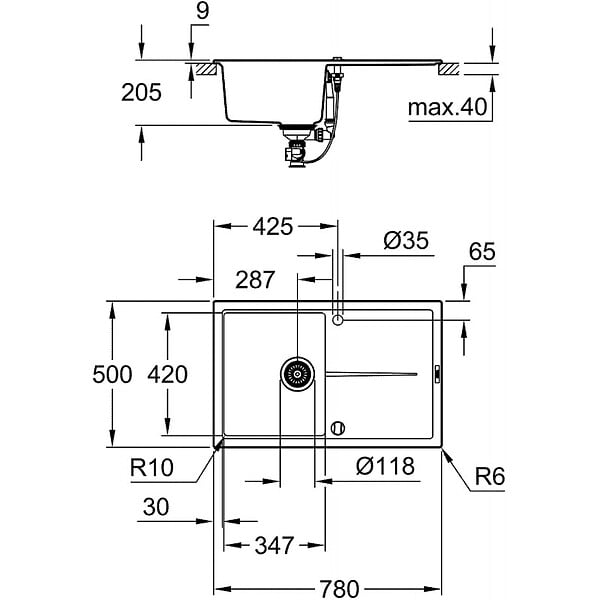 GROHE - Grohe K400 Evier en quartz composite avec égouttoir réversible 780x500 mm, gris granite (G31639AT0-G) - large