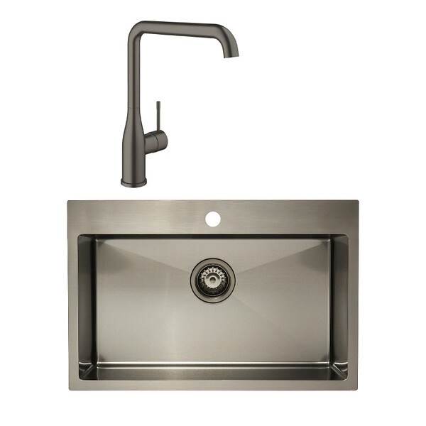 SWISS AQUA TECHNOLOGIES - Swiss Aqua Technologies /Grohe, Set Aurum Évier de cuisine encastrable inox, 68x45x21 cm + Essence Mitigeur monocommande, Gun Metal brossé - large