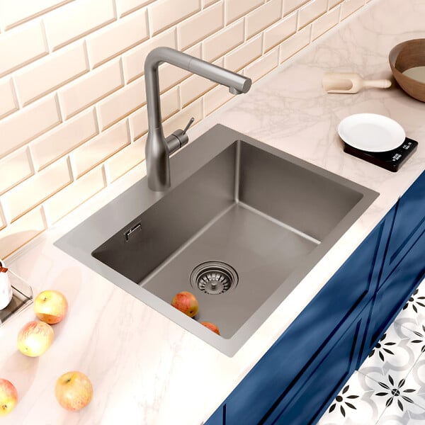 CERAMIA - Ceramia Timeless Évier de cuisine encastrable inox 304, 1 bac, 55x45x21 cm, Gun Metal brossé PVD - large