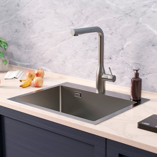 CERAMIA - Ceramia Timeless Évier de cuisine encastrable inox 304, 1 bac, 55x45x21 cm, Gun Metal brossé PVD - large