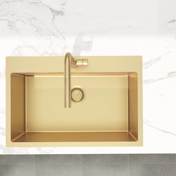 SWISS AQUA TECHNOLOGIES - Swiss Aqua Technologies Aurum Évier de cuisine encastrable inox 304, 1 bac , 68x45x21 cm, Or brossé PVD - large