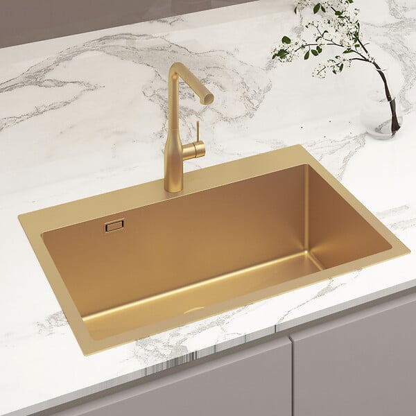 SWISS AQUA TECHNOLOGIES - Swiss Aqua Technologies Aurum Évier de cuisine encastrable inox 304, 1 bac , 68x45x21 cm, Or brossé PVD - large
