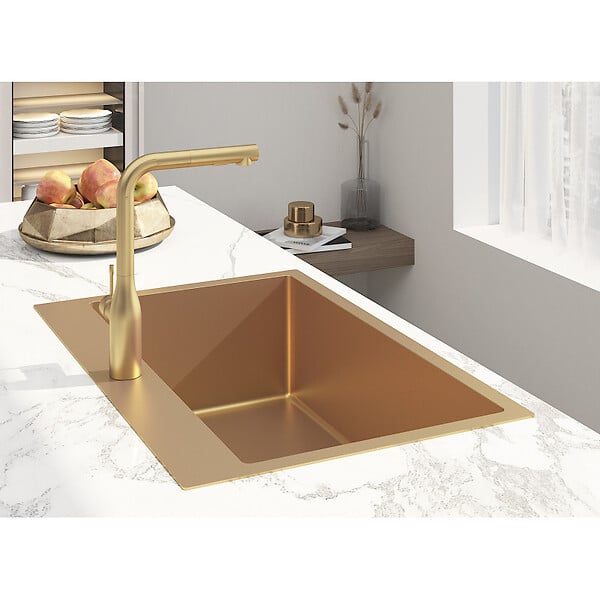 SWISS AQUA TECHNOLOGIES - Swiss Aqua Technologies Aurum Évier de cuisine encastrable inox 304, 1 bac , 68x45x21 cm, Or brossé PVD - large