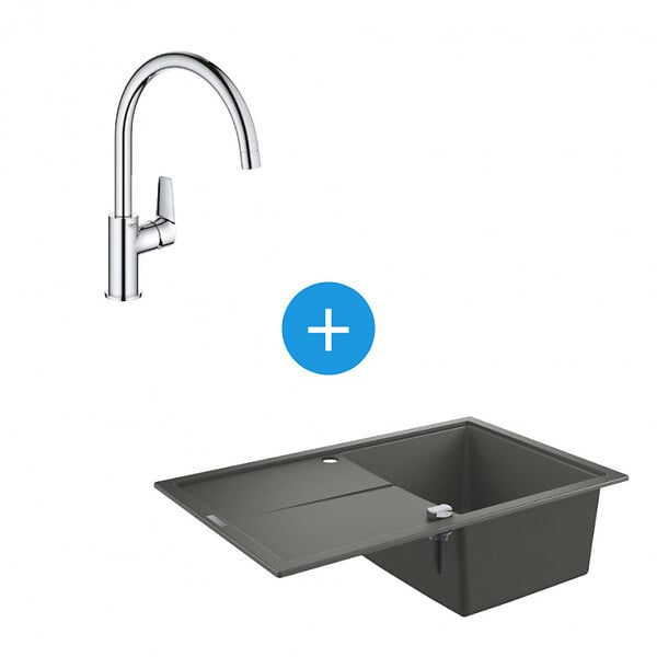 GROHE - Grohe Set Evier K400 en quartz composite avec égouttoir réversible 780x500 mm, Gris granite + Mitigeur monocommande - large