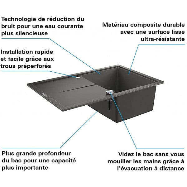 GROHE - Grohe Set Evier K400 en quartz composite avec égouttoir réversible 780x500 mm, Gris granite + Mitigeur monocommande - large