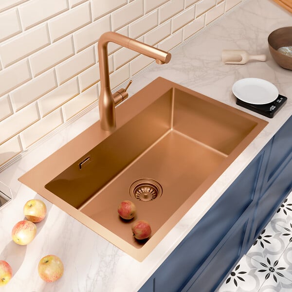 CERAMIA - Ceramia Timeless Évier de cuisine encastrable inox 304, 1 bac, 68x45x21 cm, Cuivre brossé PVD - large