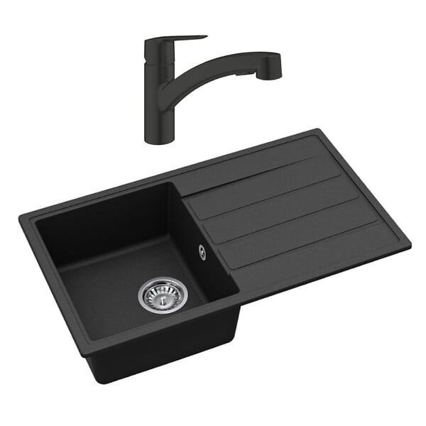 SWISS AQUA TECHNOLOGIES - Swiss Aqua Technologies Evier avec égouttoir en granite à encastrer + mitigeur Grohe monocommande avec douchette 2 jets, noir mat (SATSINKGE3B-SET) - large
