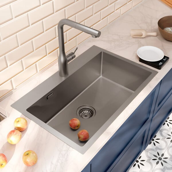 CERAMIA - Ceramia Timeless Évier de cuisine encastrable en inox 304, 68x45x21 cm, Gun Metal brossé PVD - large