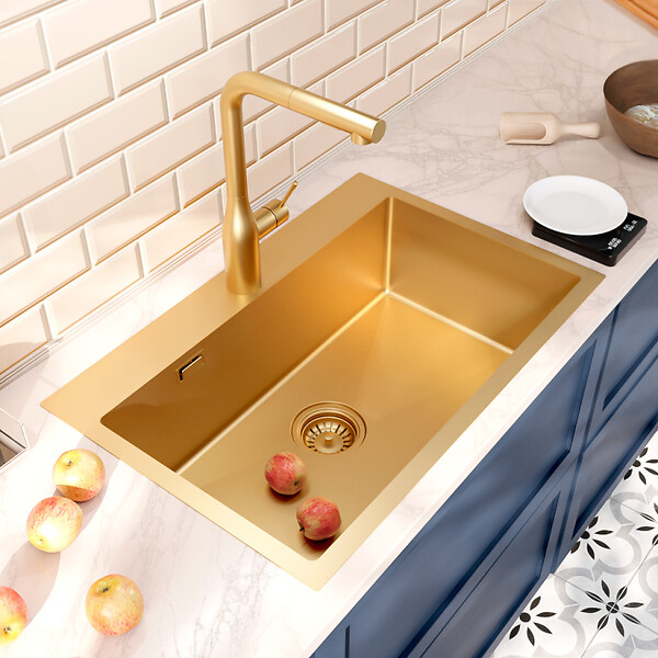 CERAMIA - Ceramia Timeless Évier de cuisine encastrable inox 304, 1 bac , 68x45x21 cm, Or brossé PVD - large