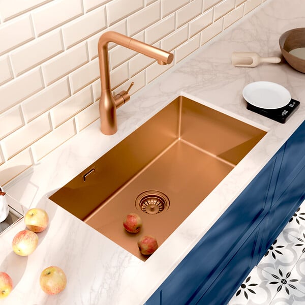 CERAMIA - Ceramia Timeless Évier de cuisine sous plan inox 304, 1 bac, 68x45x21 cm, Cuivre brossé PVD - large