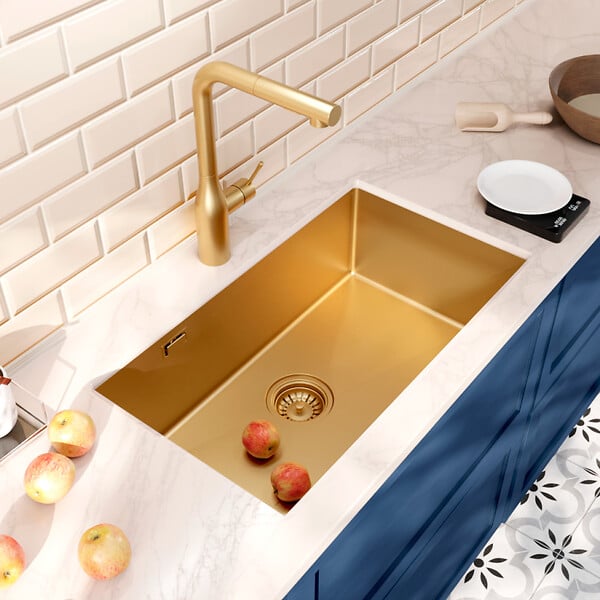 CERAMIA - Ceramia Timeless Évier de cuisine sous plan inox 304, 1 bac , 68x45x21 cm, Or brossé PVD - large