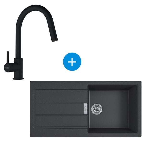 FRANKE - Franke S2D Evier à encastrer 100×50cm 1 bac avec égouttoir, Tectonite, Onyx + Mitigeur avec douchette extractible, Noir mat - large