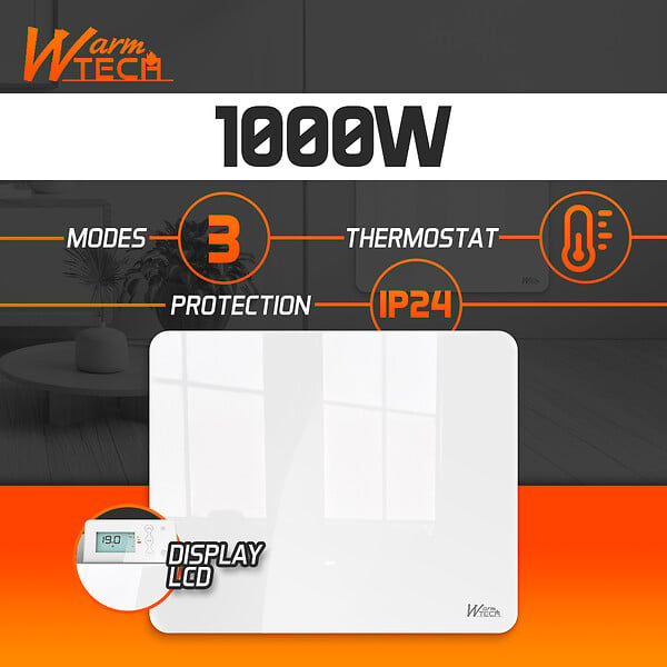 WARM TECH - Radiateur inertie céramique avec façade en verre 1000 W - IP24 - NF - Fil pilote 6 ordres - large