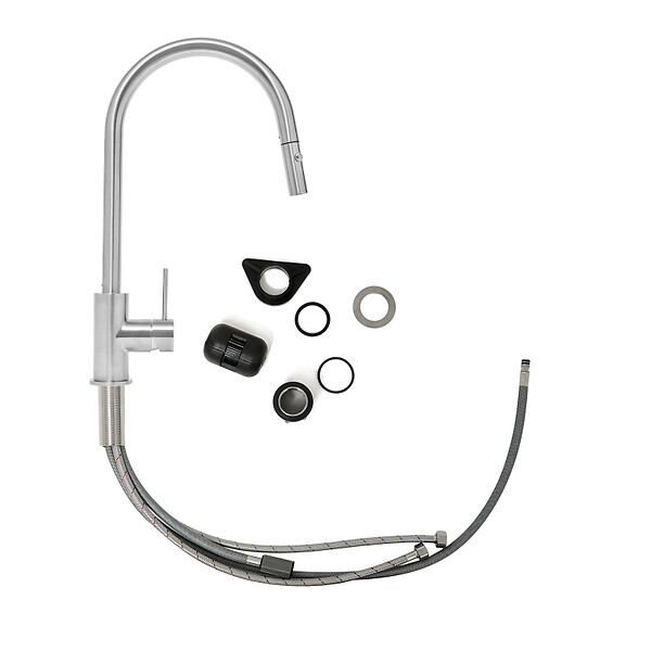 SWISS AQUA TECHNOLOGIES - Swiss Aqua Technologies Aurum mitigeur évier à levier sur pied 44 cm avec douchette extractible 2 jets, inox (SATBAUR286NRZ) - large