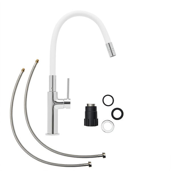 SWISS AQUA TECHNOLOGIES - Mitigeur pour évier de cuisine, bec flexible en silicone, aérateur Neoperl®, cartouche en céramique, blanc/chrome (SATBSD290B) - large