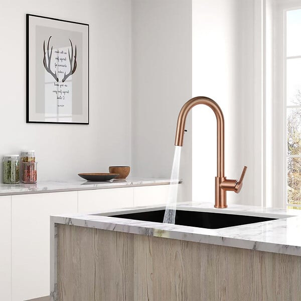 CERAMIA - Timeless mitigeur d'évier à levier en acier inoxydable avec douchette extractible, monotrou, or rose brossé TML (TMLKF285BCP) - large