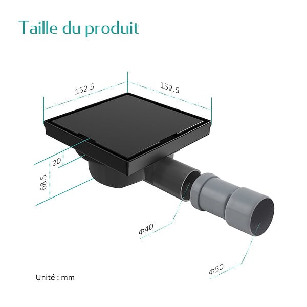 EMKE - Siphon de Douche Carré Encastré EMKE en Acier Inoxydable SUS304, Finition Noir Mat, 15 x 15 cm - large