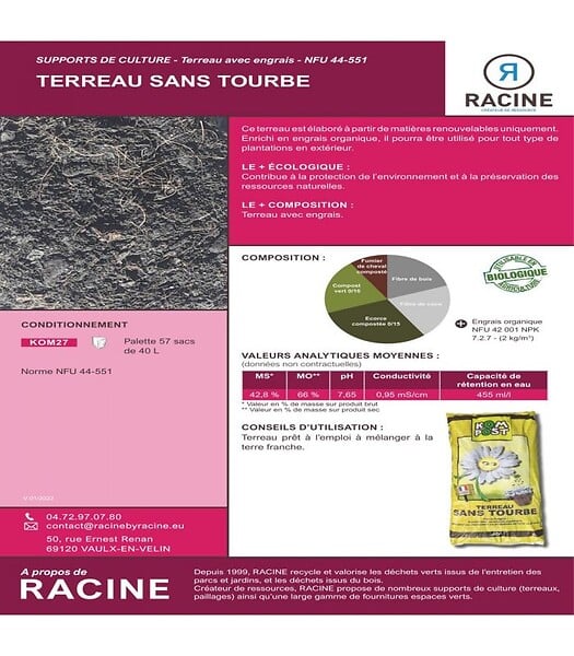 RACINE - Terreau sans tourbe prêt à l'emploi, 57 sacs de 40 L - KOM27-57x40 - large