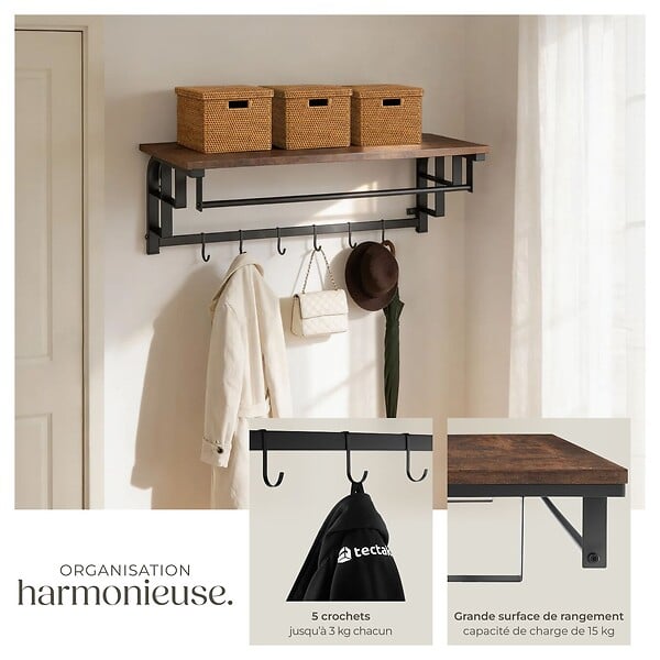 TECTAKE - Porte-manteau à suspendre Westwood Bois foncé industriel, rustique - large