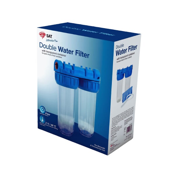 SWISS AQUA TECHNOLOGIES - Double bol transparent pour filtres universels 10", prêt à raccorder 3/4" + 1 filtre + 1 filtre charbon actif (SATHF34DX2) - large