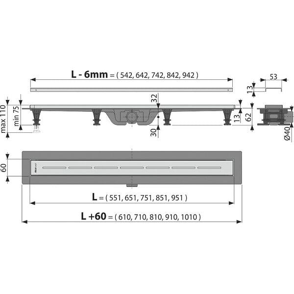 ALCA - Alca Caniveau de douche avec grille en acier 950 perforée (CPZ18-950M	) - large