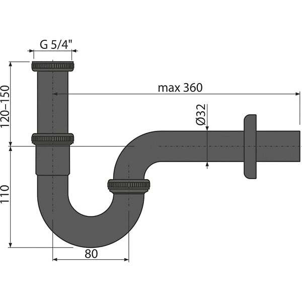 ALCA - Siphon pour évier DN32 en forme "U" avec écrou raccord 5/4, noir mat (A4320BLACK) - large