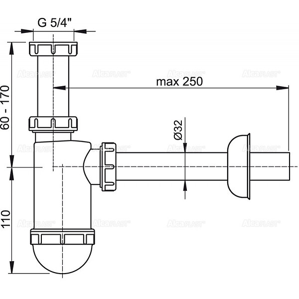 ALCA - Alca Siphon de lavabo DN32 avec écrou 5/4 " (A430) - large