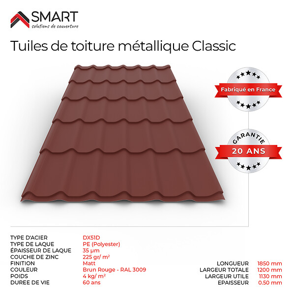 BRAVO THE SMART SOLUTION - Tuile de toiture - bac acier - Couverture métallique CLASSIC Coloris Rouge Oxyde 3009 Matt Dimensions 1850x1200x0.50mm - large
