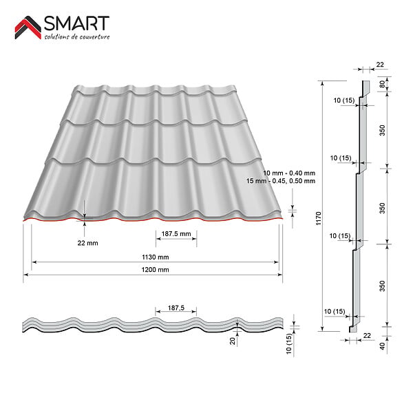 BRAVO THE SMART SOLUTION - Tuile de toiture - bac acier - Couverture métallique CLASSIC Coloris Rouge Oxyde 3009 Matt Dimensions 1850x1200x0.50mm - large