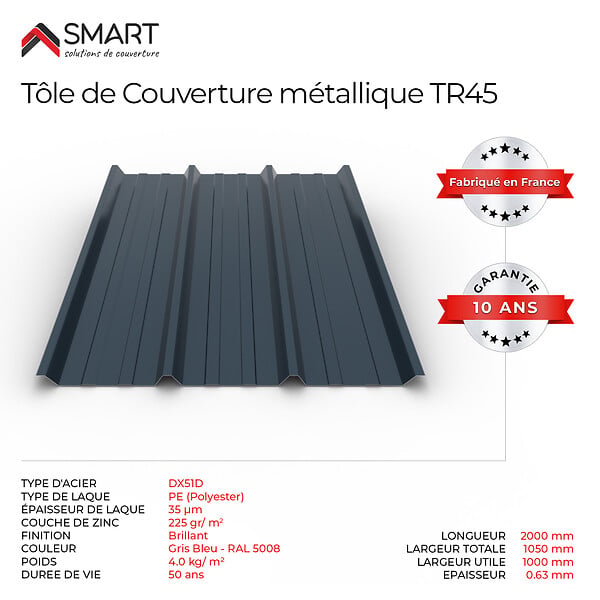 BRAVO THE SMART SOLUTION - Tôle bac acier - Toiture - Couverture - plaque TR45 Coloris Gris Anthracite RAL 7016 Dimensions 2000x1050x0.63mm - large
