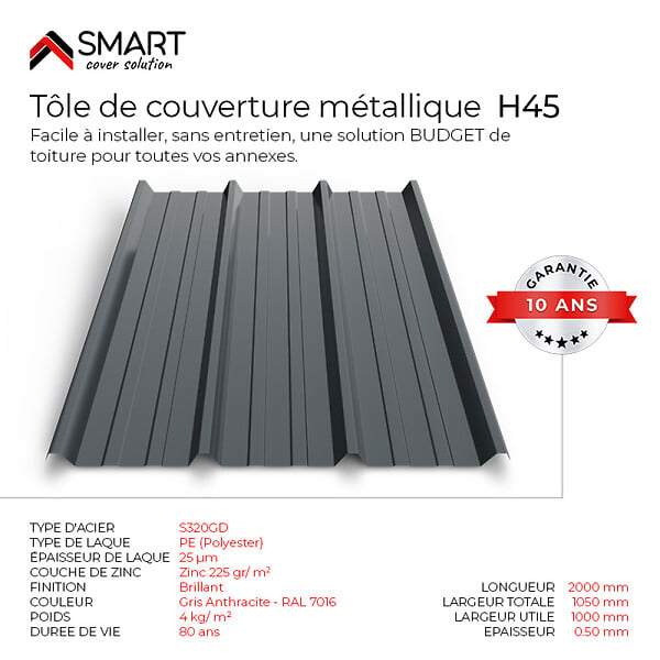 BRAVO THE SMART SOLUTION - Tôle bac acier - Toiture - Couverture - plaque TR45 Coloris Gris Anthracite RAL 7016 Dimensions 2000x1050x0.50mm - large