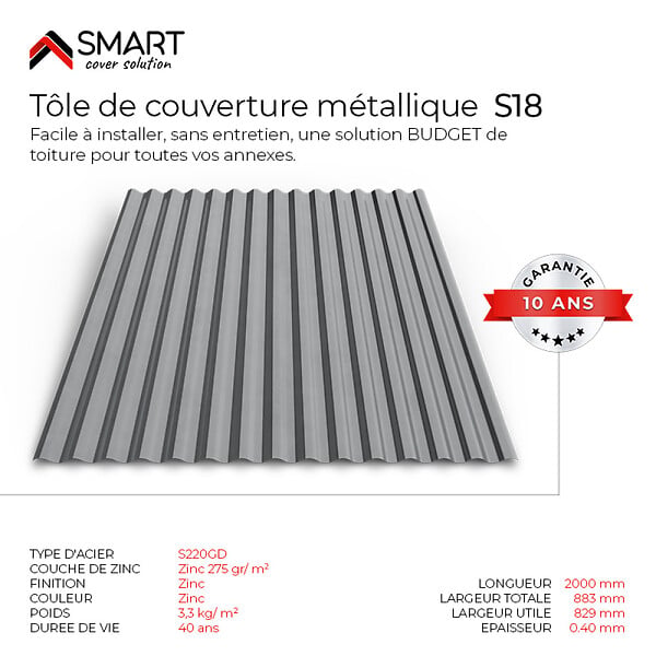 BRAVO THE SMART SOLUTION - Tôle bac acier - Toiture - Couverture - plaque S18 Galvanisé Dimensions 2000x883x0.40mm Zinc 275 gr S220GD - large